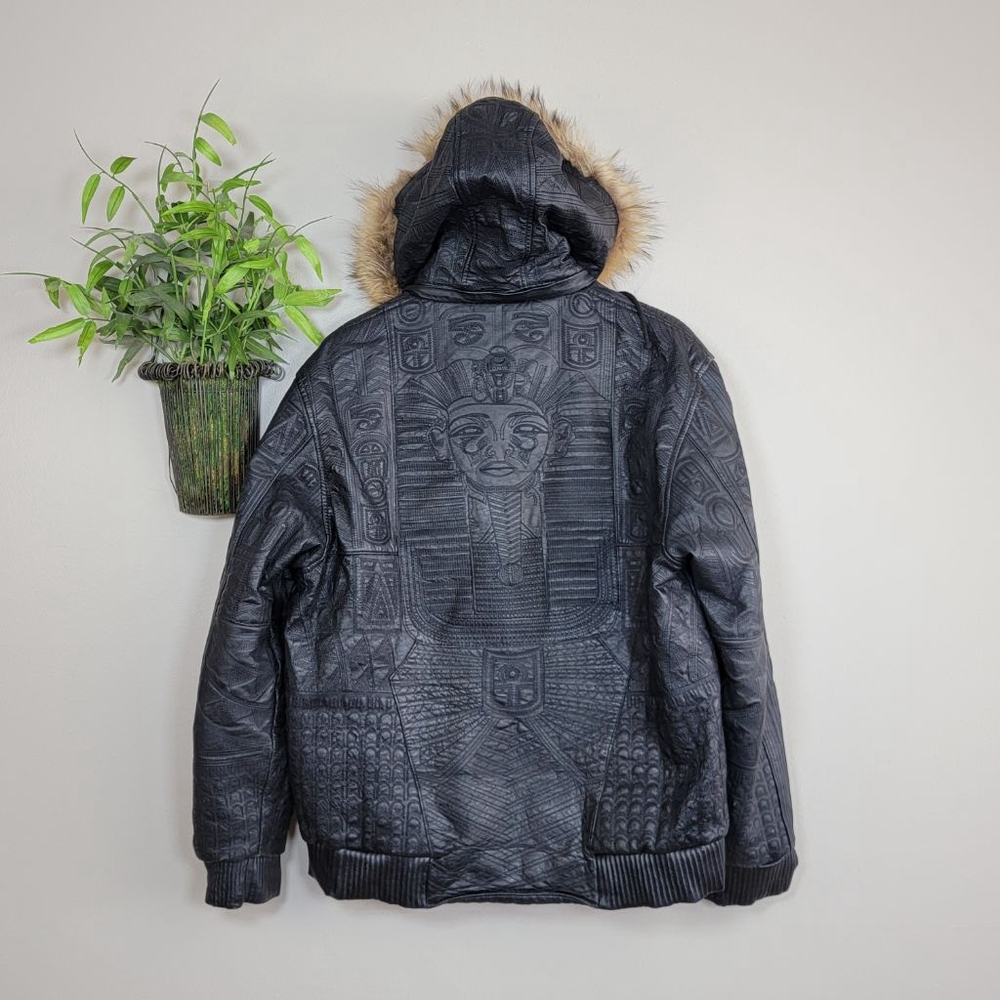 Vintage Desert Well Black Leather Bomber Coat Jacket Pharaoh Egyptian Embossed